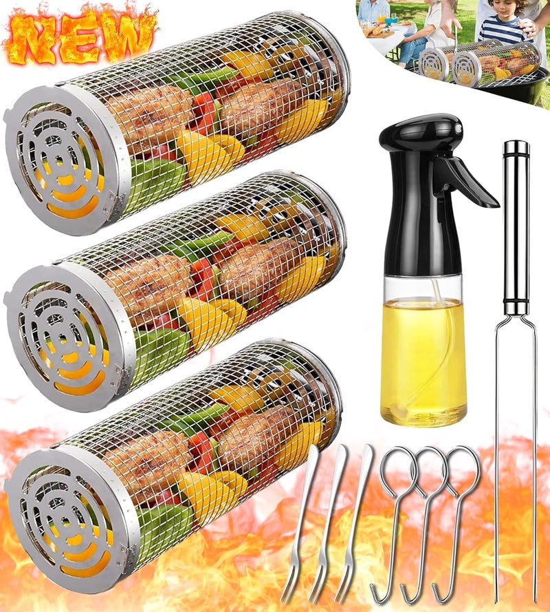 AUCMA Rolling Grilling Baskets for Outdoor Grill Bbq Net Tube with Spray Bottle Large Outsidegrill Crate Baskrt Canisters Barbeque Basket for Camping Picnic Party Cooking Accessories Gifts for Men - Image 1